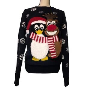 Christmas Sweater Penguin Reindeer Snowflakes Size M Mens Blue Jumper Textured
